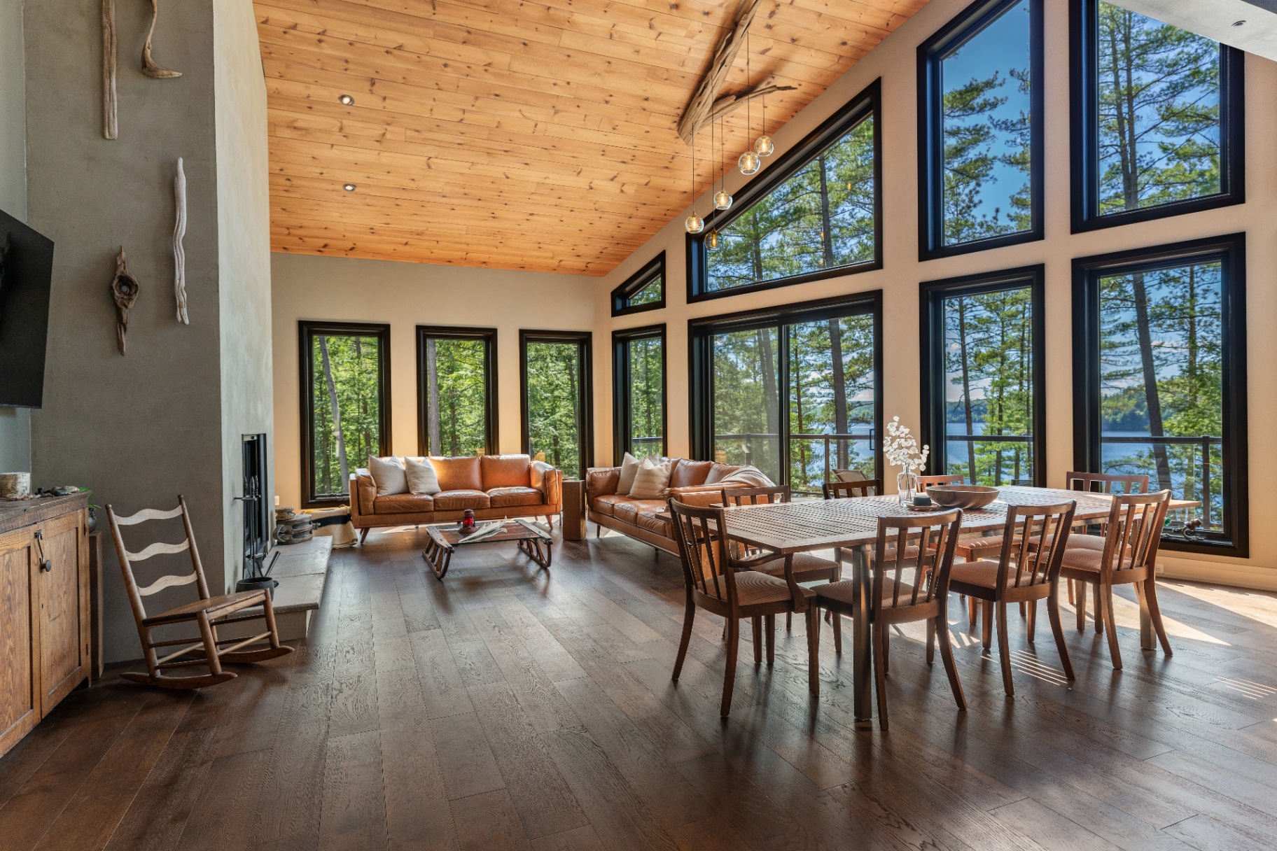 Vaulted great room with lake views