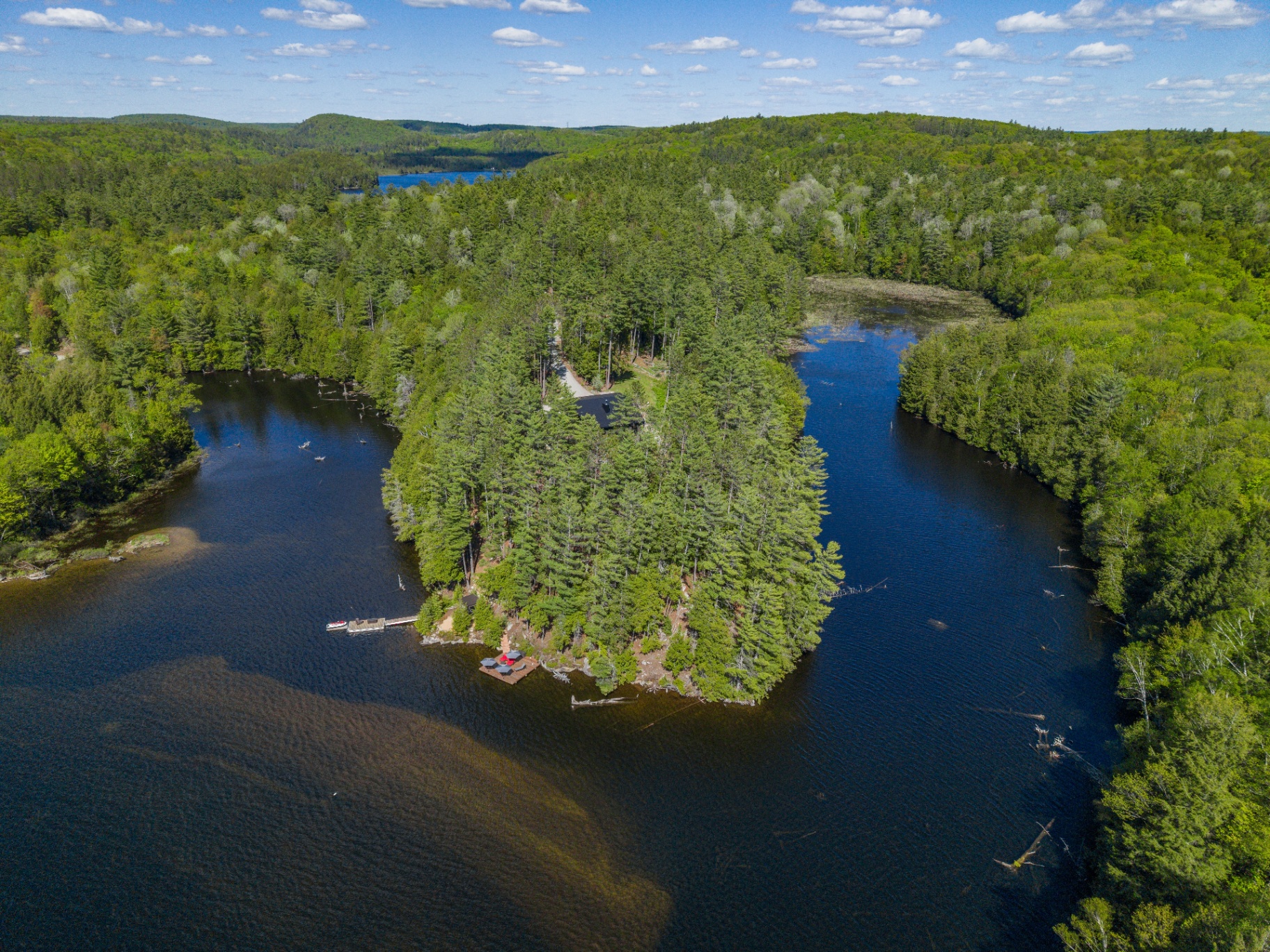 Wide aerial of the wooded peninsula between open lake and wetland channel