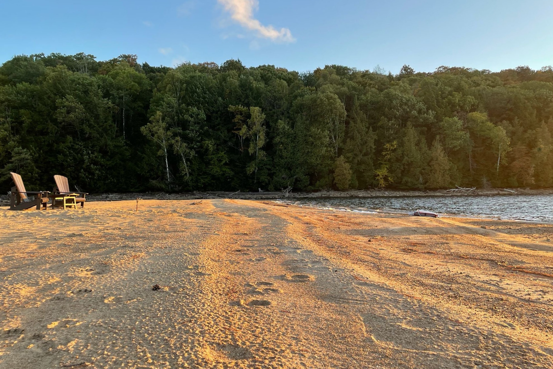 Adirondack chairs on the expansive sandbar at golden hour with forest backdrop