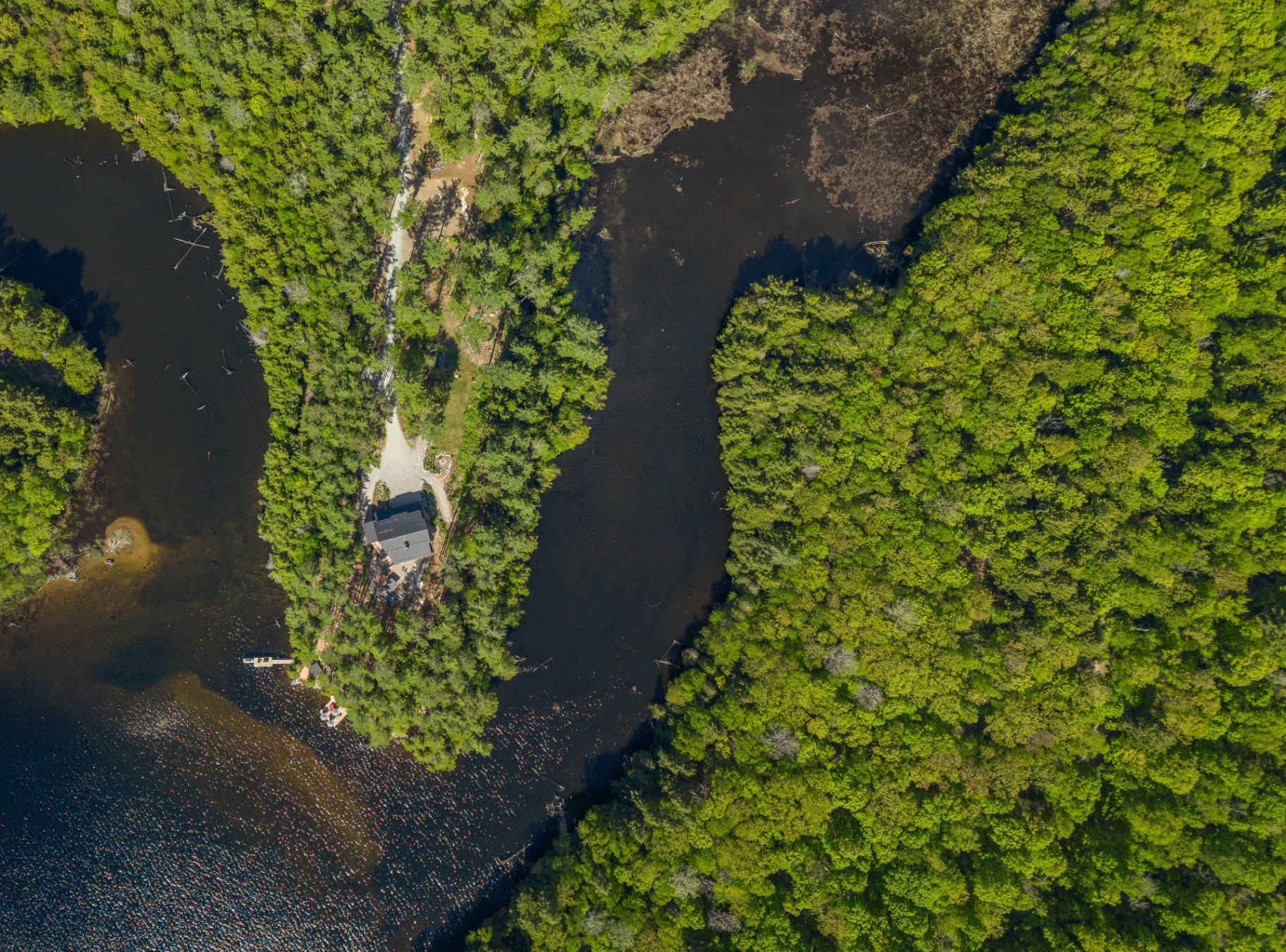 Straight-down aerial of the peninsula property surrounded by lake and wetland channel