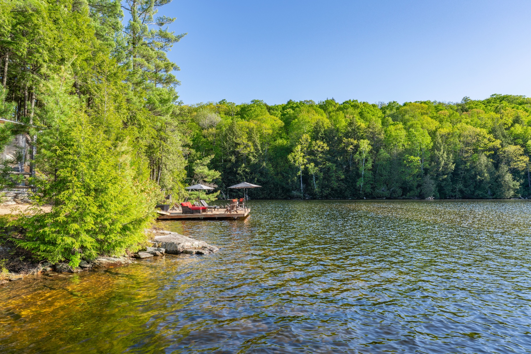 Distant view of the lakeside dock tucked into the forested cove