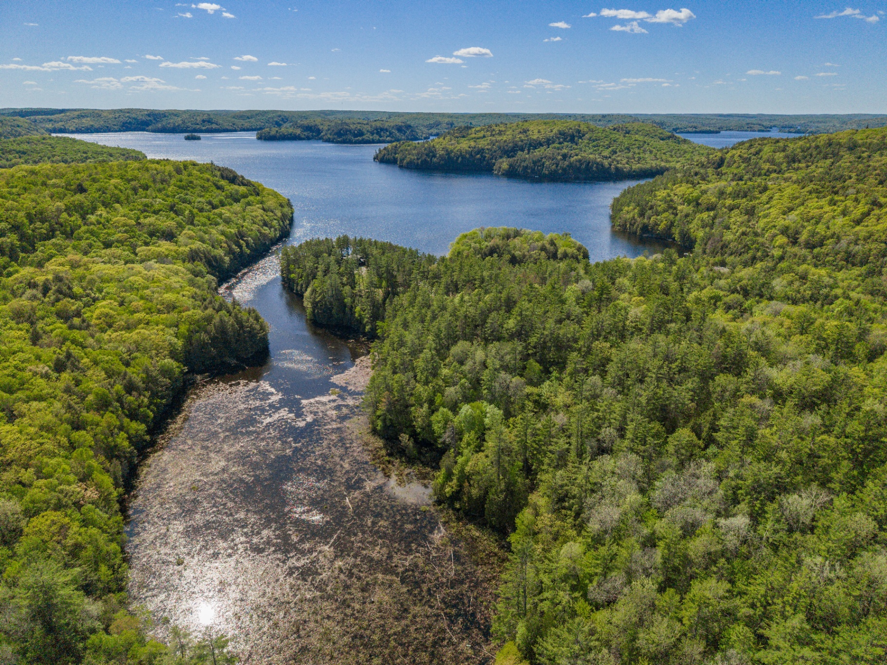 Elevated drone view tracing the narrow waterway out toward the open lake