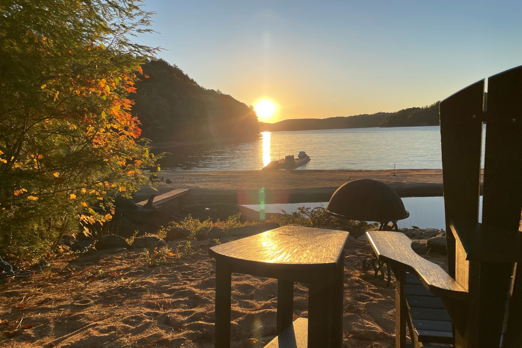 Lakeside fire pit and Muskoka chair catching golden sunset light through the trees